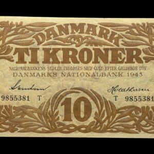 10 kroner 1943 T, Svendsen/Holdthusen, Nr. 9855381, Sieg 105, DOP 124, Pick 31, Kva. 0-01