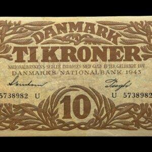 10 kroner 1943 U, Svendsen/Pugh, Nr. 5738982, Sieg 105, DOP 124, Pick 31, Kva. 0-01