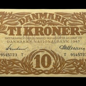 10 kroner 1943 T, Svendsen/Hellerung, Nr. 9545723, Sieg 105, DOP 124, Pick 31, Kva. 0-01