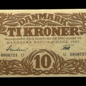 10 kroner 1943 U, Svendsen/Friis, Nr. 0808723, Sieg 105, DOP 124, Pick 31, Kva. 0