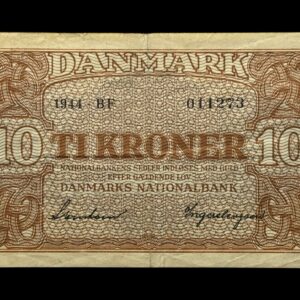 10 kroner 1944 BF, Svendsen/Ingerslevgaard, Nr. 011273, Sieg 120, DOP 129, Pick 36, Kva. 1-1+ "Ukendt underskriftskombination ifølge Sieg"