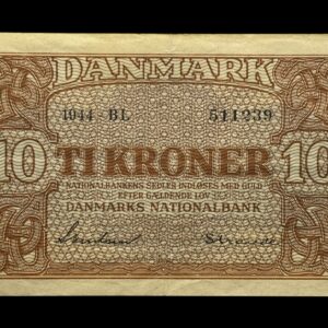 10 kroner 1944 BL, Svendsen/Strande, Nr. 511239, Sieg 120, DOP 129, Pick 36, Kva. 1+ "Ukendt underskriftskombination ifølge Sieg"