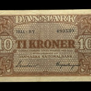 10 kroner 1944 BY, Svendsen/Ingerslevgaard, Nr. 493539, Sieg 120, DOP 129, Pick 36, Kva. 1+