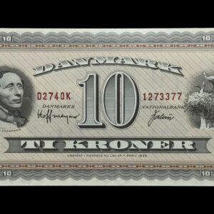 10 kroner 1974 D2 0K, Valuer/Hoffmeyer, Nr. 1273377, Sieg 133, DOP 142, Pick 44, Kva. 0 “sjælden erstatningsseddel"