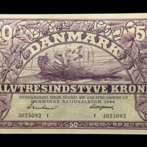 50 kroner 1944 f, Svendsen/Neergaard, Nr. 3025092, Sieg 123, DOP 132, Pick 38, Kva. 0-01