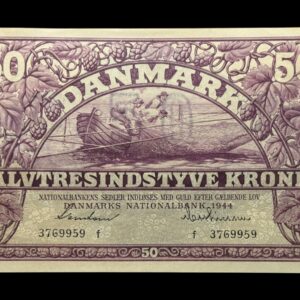 50 kroner 1944 f, Svendsen/Matthiesen, Nr. 3769959, Sieg 123, DOP 132, Pick 38, Kva. 0-01