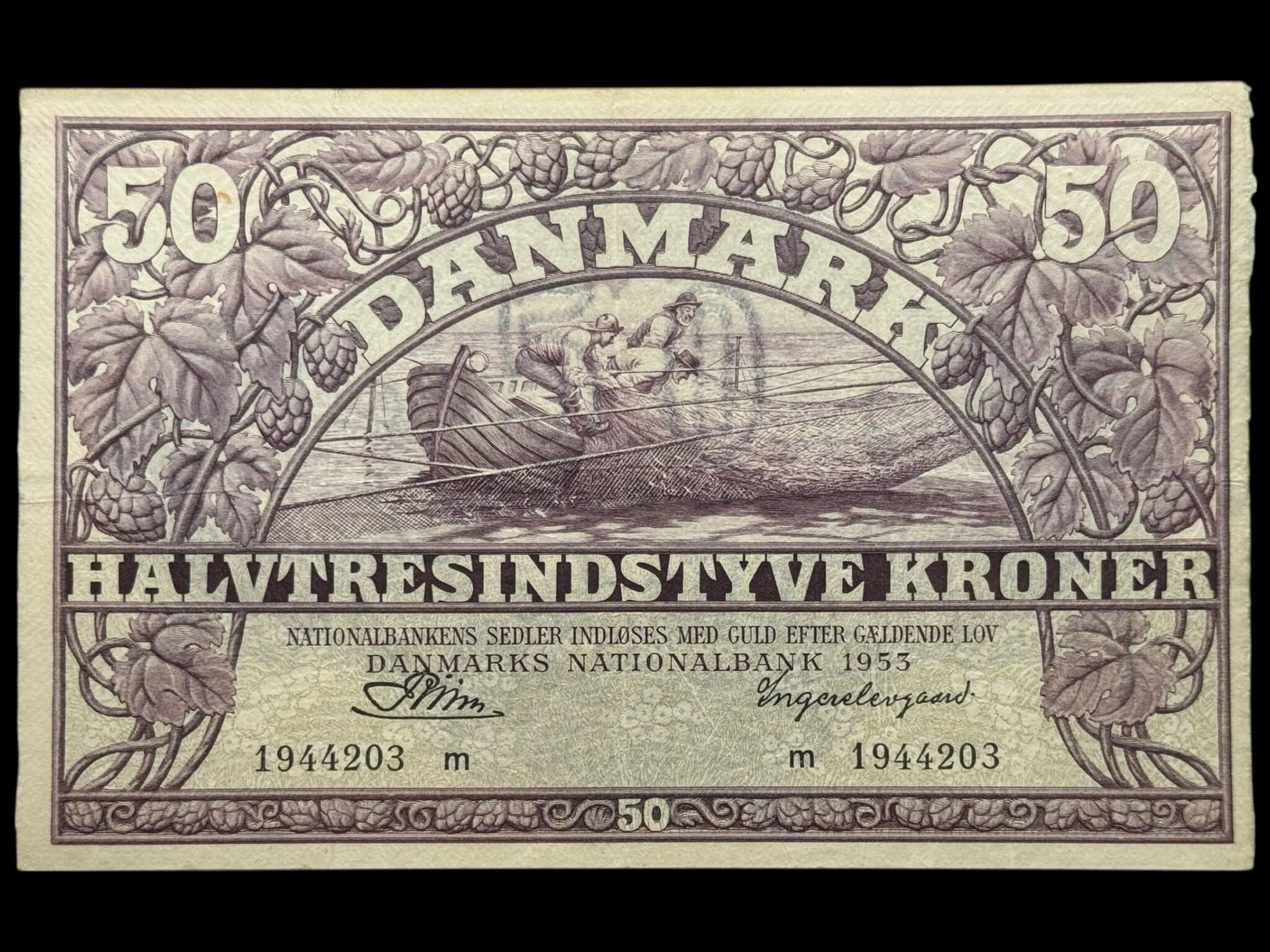 50 kroner 1953 m, Riim/Ingerslevgaard, Nr. 1944203, Sieg 124, DOP 133, Pick 38, Kva. 1+