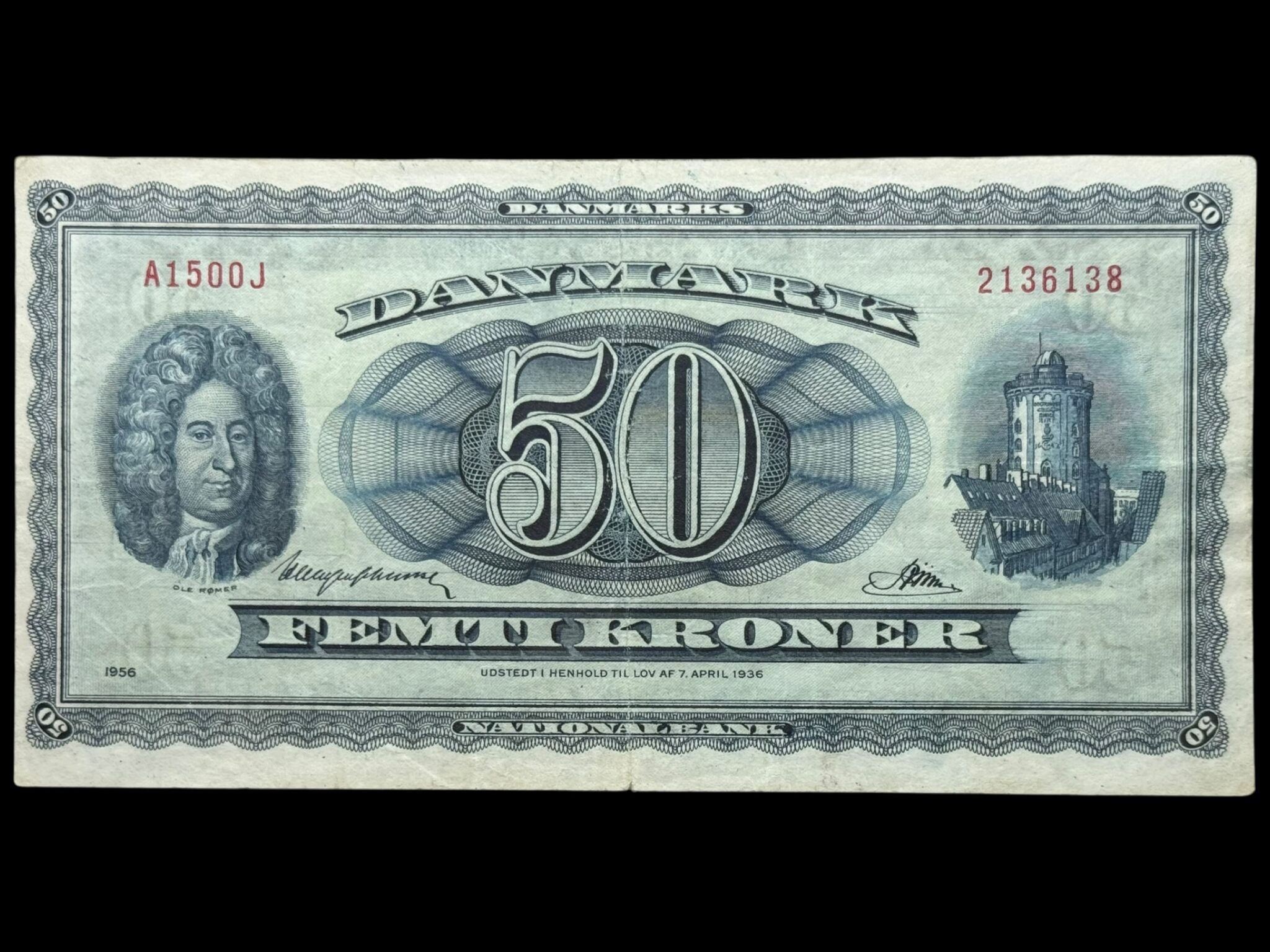 50 kroner 1956 A1 0J, Riim/Haugen Johansen, Nr. 2136138, Sieg 134, DOP 143, Pick 45, Kva. 1+-1