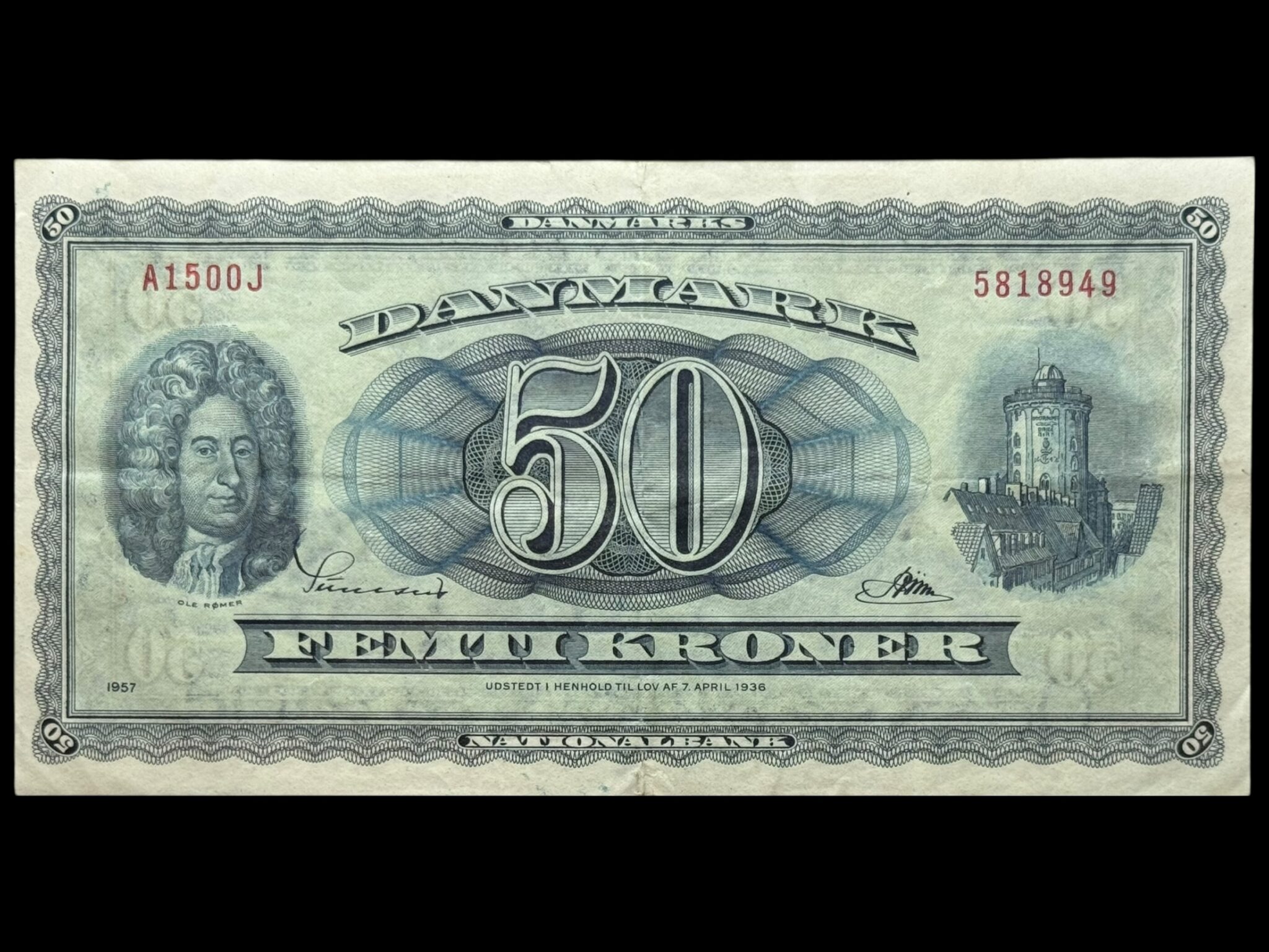50 kroner 1957 A1 0J, Riim/Sunesen, Nr. 5818949, Sieg 134, DOP 143, Pick 45, Kva. 1+