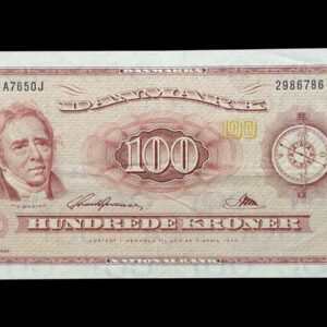 100 kroner 1965 A7 0J, Riim/Svend Andersen, Nr. 2986786, Sieg 137, DOP 146, Pick 46, Kva. 1+-01