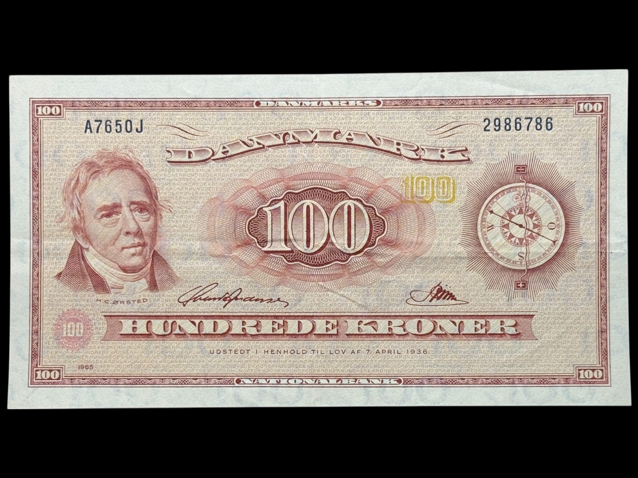 100 kroner 1965 A7 0J, Riim/Svend Andersen, Nr. 2986786, Sieg 137, DOP 146, Pick 46, Kva. 1+-01