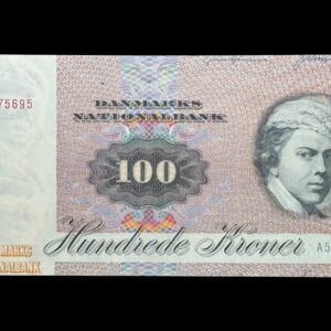 100 kroner 1975 A5, Valuer/Svend Andersen, Nr. 1675695, Sieg 142, DOP 151, Pick 51, Kva. 1+ "Fejlskr&aring;et"