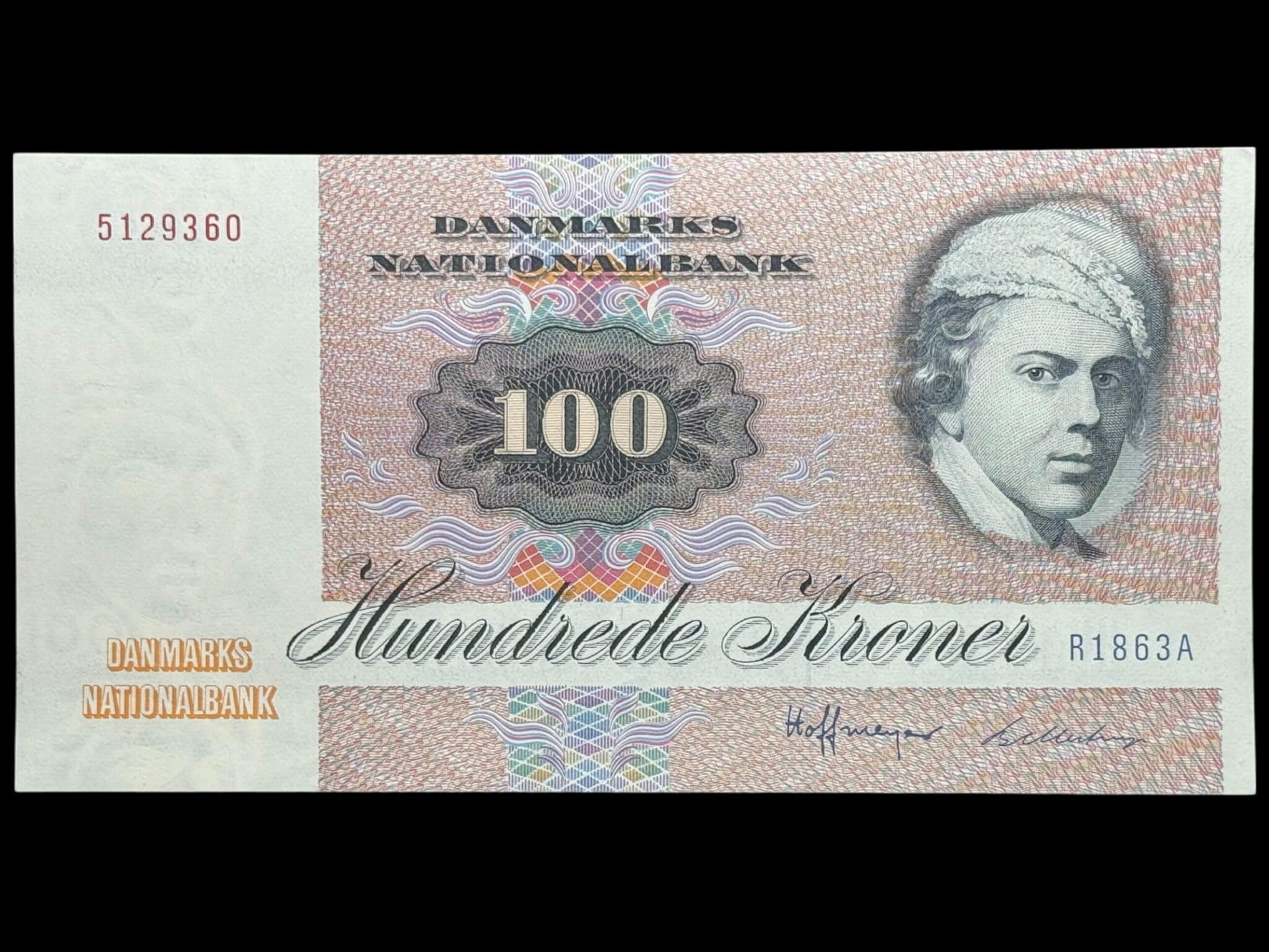 100 kroner 1986 R1, Billestrup/Hoffmeyer, Nr. 5129360, Sieg 142, DOP 151, Pick 51, Kva. 0-01