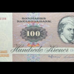 100 kroner 1985 C9, Billestrup/Hoffmeyer, Nr. 6301598, Sieg 142, DOP 151, Pick 51, Kva. 0