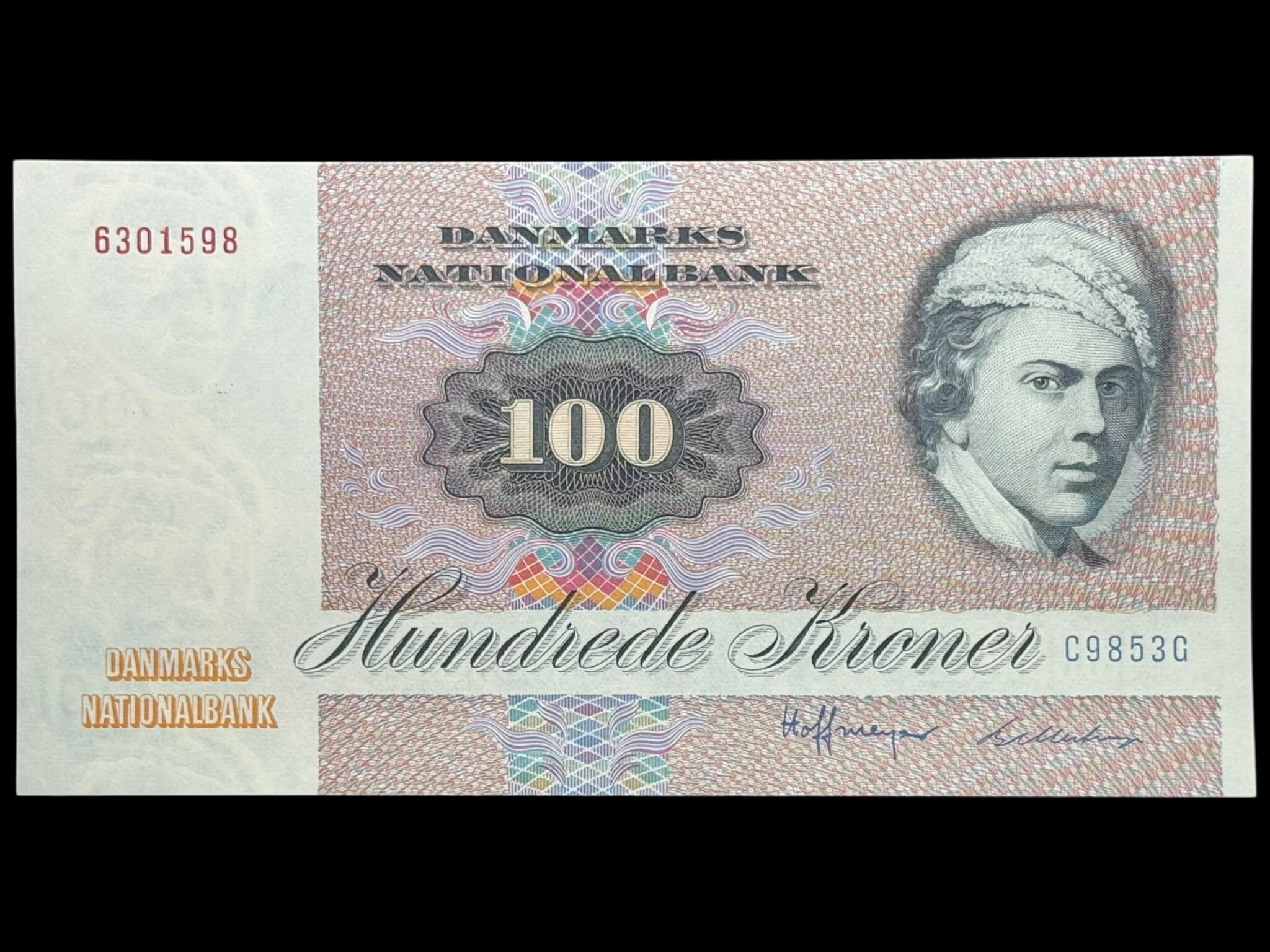 100 kroner 1985 C9, Billestrup/Hoffmeyer, Nr. 6301598, Sieg 142, DOP 151, Pick 51, Kva. 0