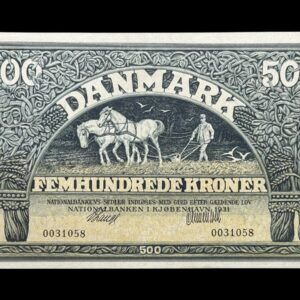 500 kroner 1931, V.Lange/Clementsen, Nr. 0031058, Sieg 113, DOP 122, Pick 29, Kva. 0-01 "Perfekt seddel med kun 2 små hjørne buk som ikke kan ses"