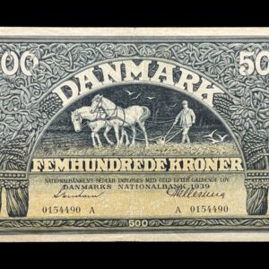 500 kroner 1939 A, Svendsen/Hellerung, Nr. 0154490, Sieg 114, DOP 127, Pick 34, Kva. 1-1+ "centerhul"