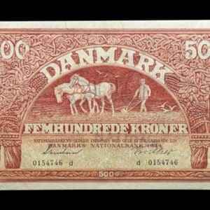 500 kroner 1944 d, Svendsen/Vinther, Nr. 0154746, Sieg 127, DOP 136, Pick 41, Kva. 0-01 "plamage øverste på sedlen"