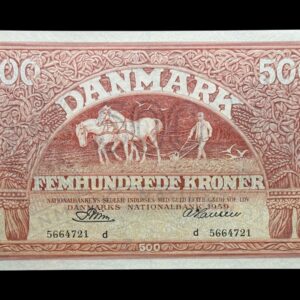 500 kroner 1959 d, Riim/A. Hansen, Nr. 5664721, Sieg 127, DOP 136, Pick 41, Kva. 0 "Enestående eksemplar"