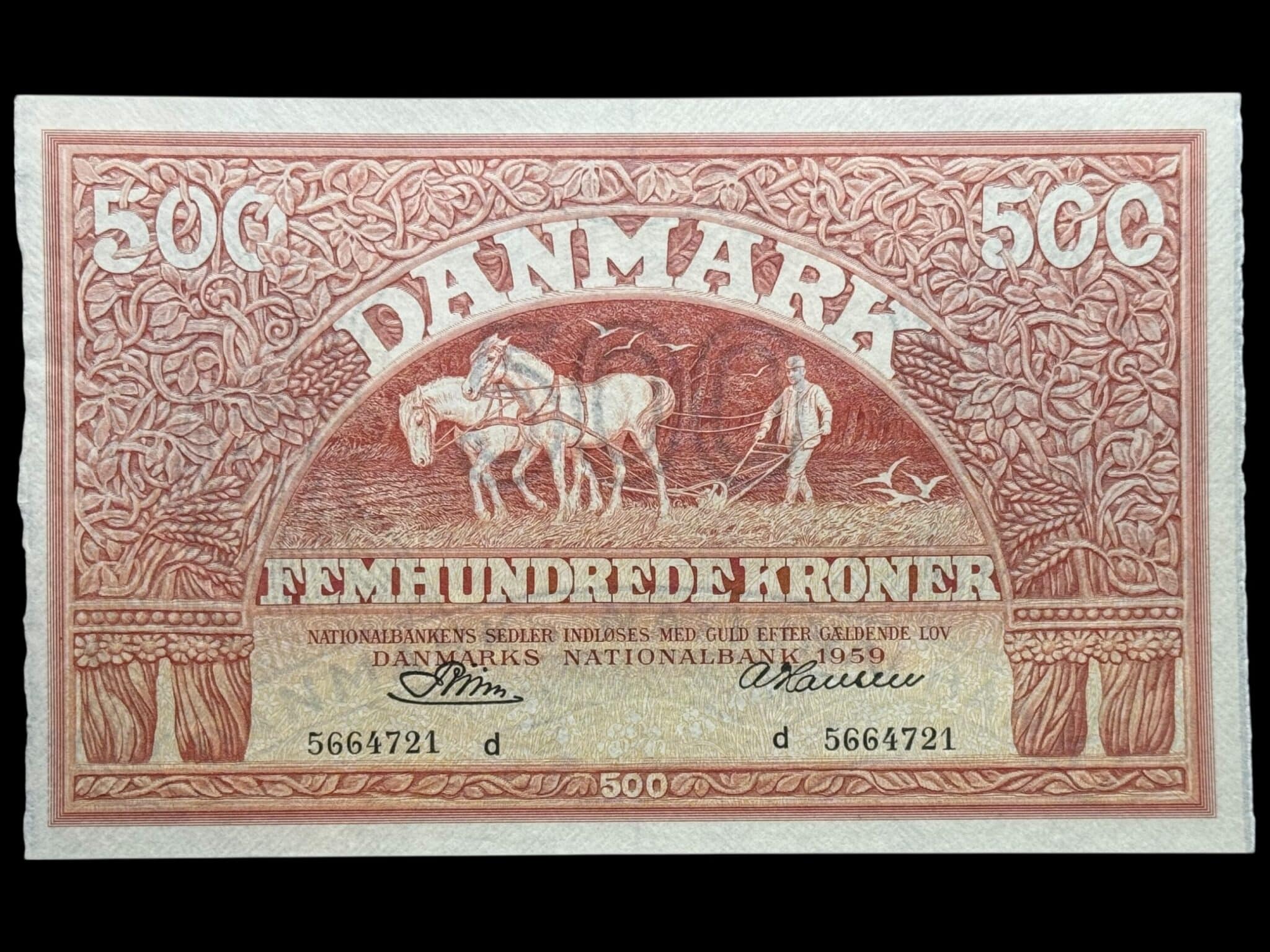 500 kroner 1959 d, Riim/A. Hansen, Nr. 5664721, Sieg 127, DOP 136, Pick 41, Kva. 0 "Enestående eksemplar"