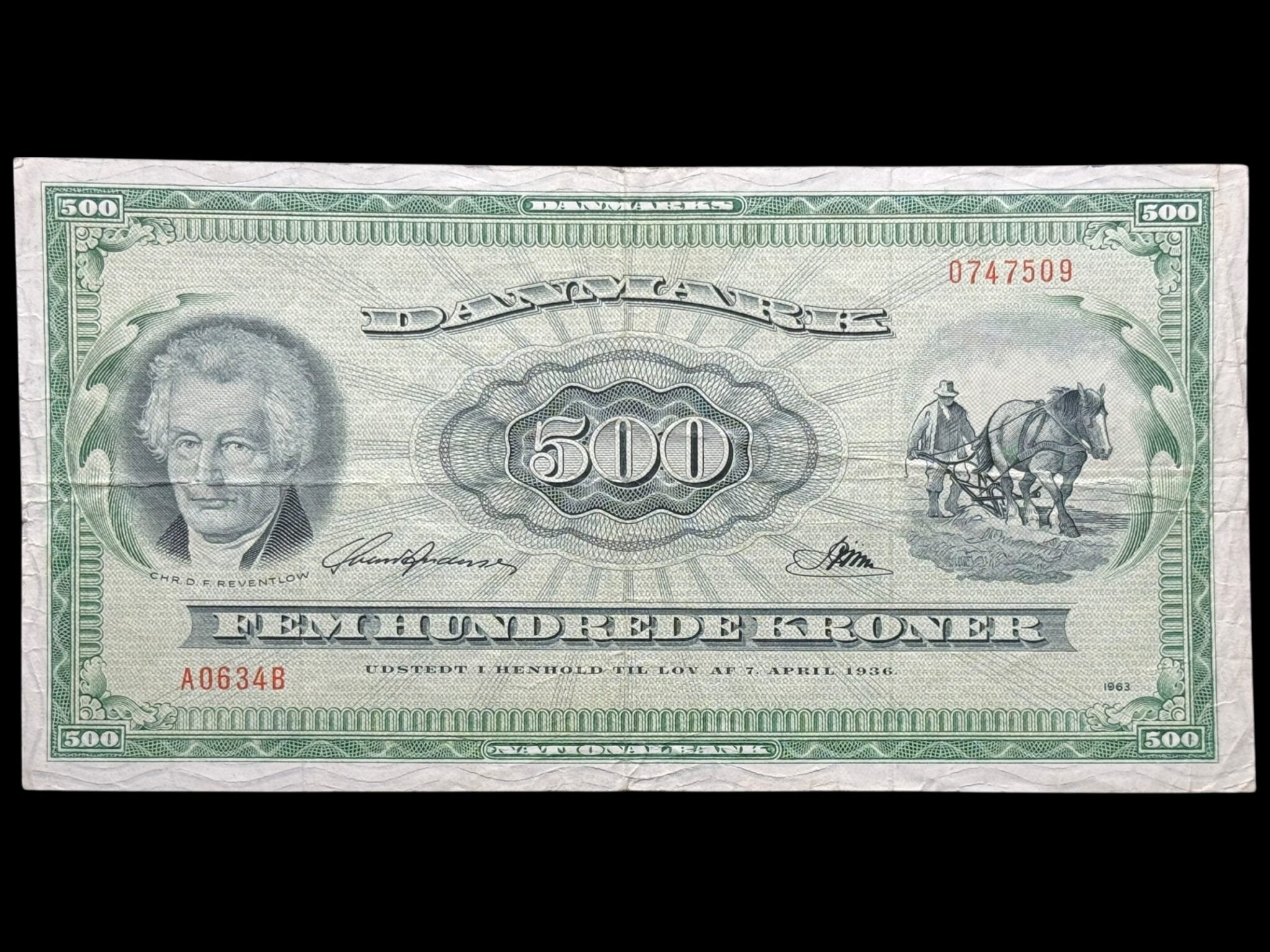 500 kroner 1963 A0, Riim/Svend Andersen, Nr. 0747509, Sieg 138, DOP 147, Pick 47, Kva. 1-1+