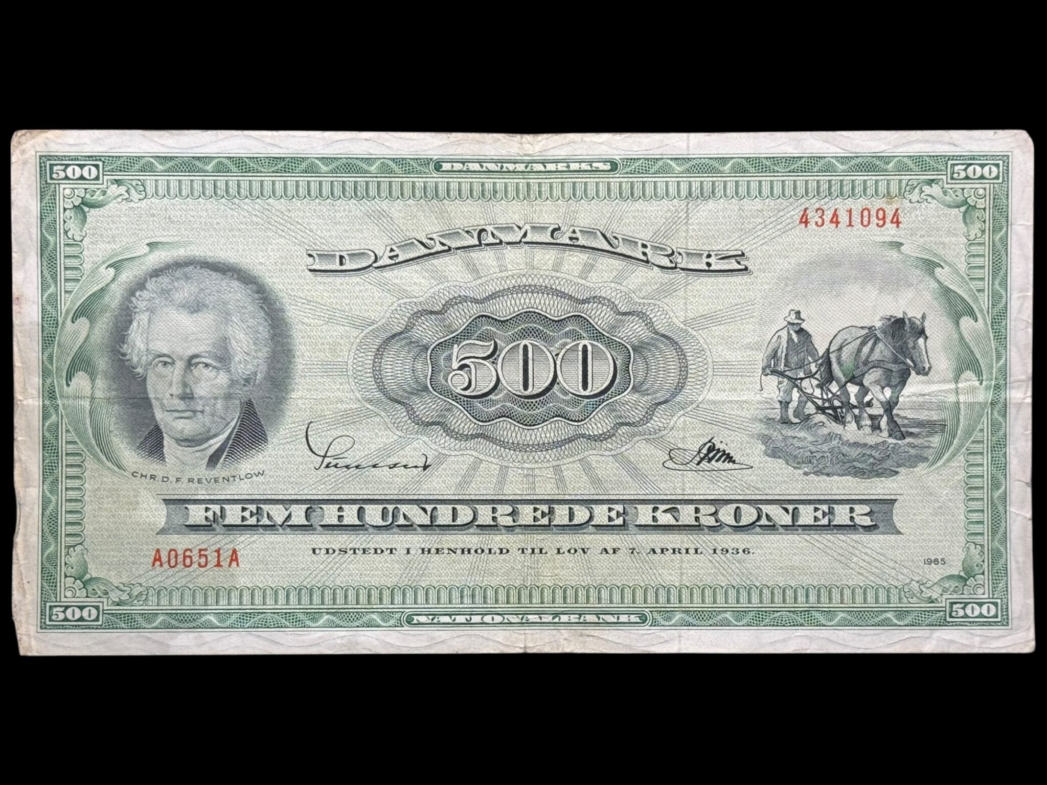 500 kroner 1965 A0, Riim/Sunesen, Nr. 4341094, Sieg 138, DOP 147, Pick 47, Kva. 1-1+