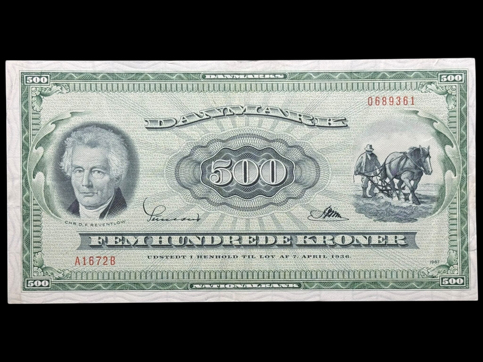 500 kroner 1967 A1, Riim/Sunesen, Nr. 0689361, Sieg 138, DOP 147, Pick 47, Kva. 1+