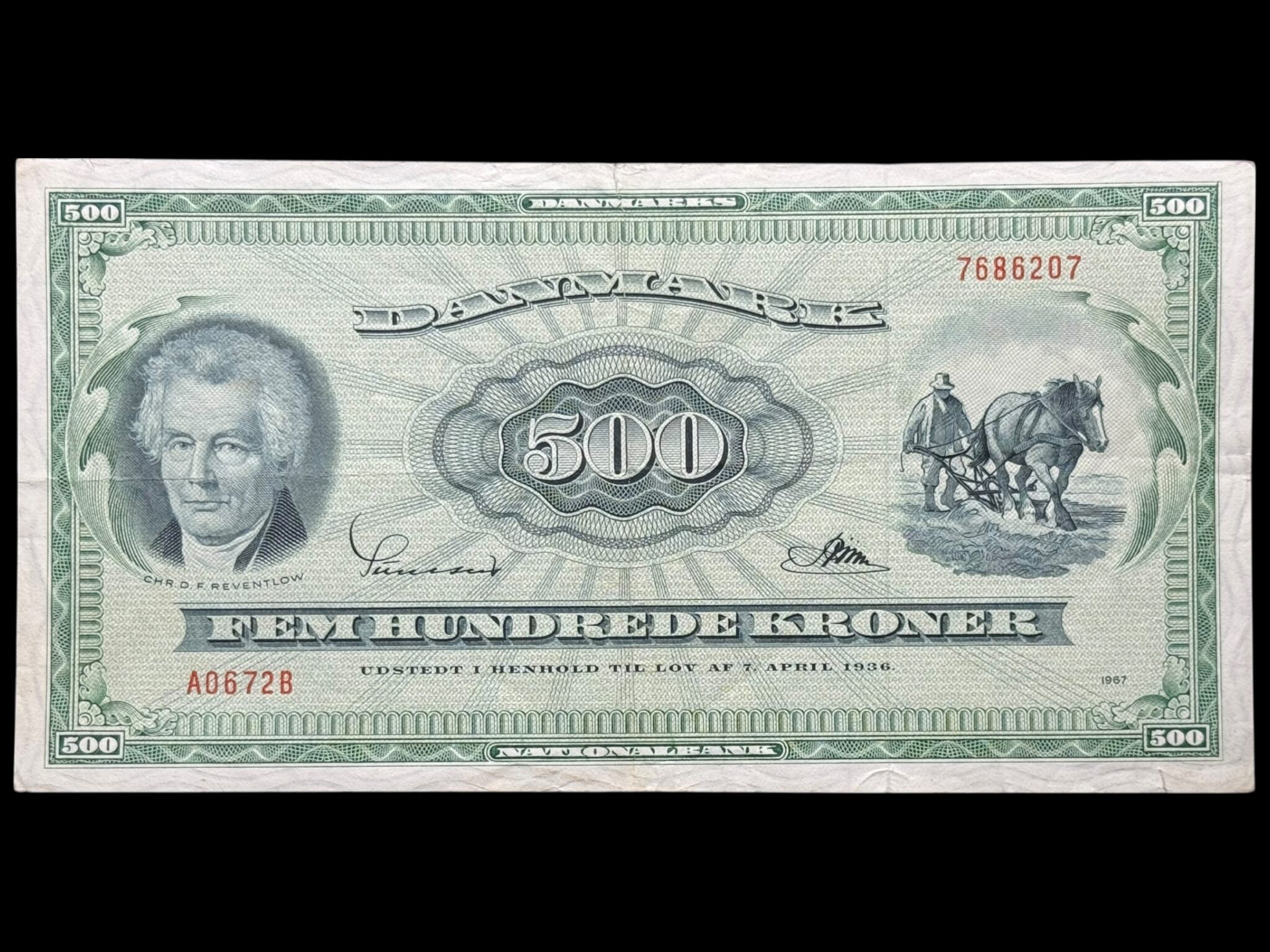 500 kroner 1967 A0, Riim/Sunesen, Nr. 7686207, Sieg 138, DOP 147, Pick 47, Kva. 1-1+