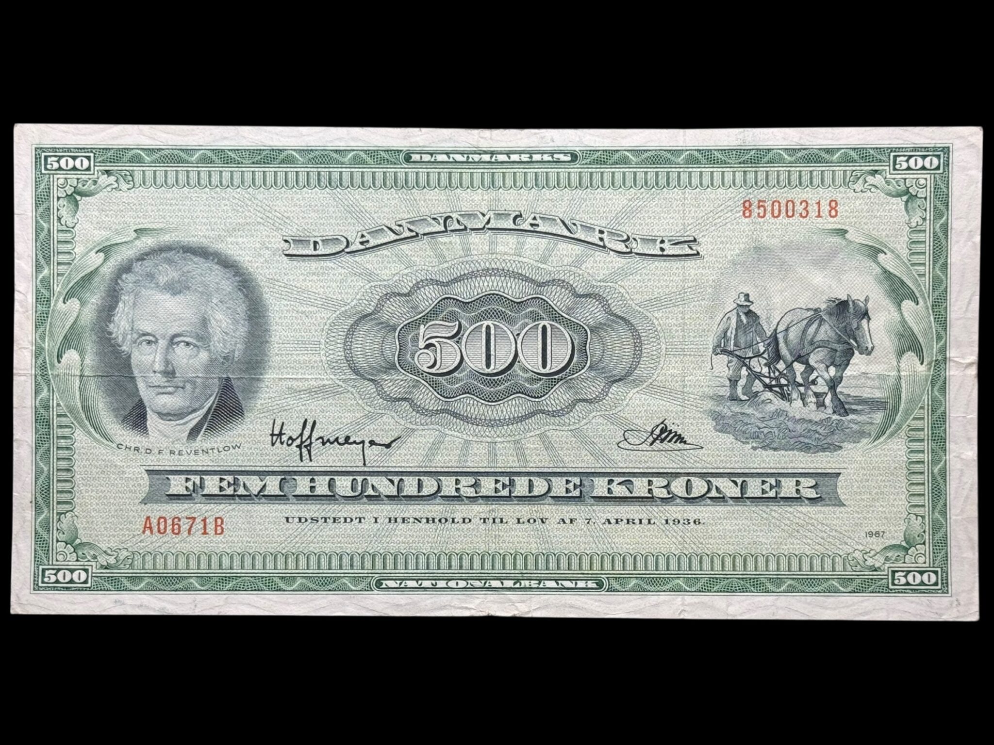 500 kroner 1967 A0, Riim/Hoffmeyer, Nr. 8500318, Sieg 138, DOP 147, Pick 47, Kva. 1-1+