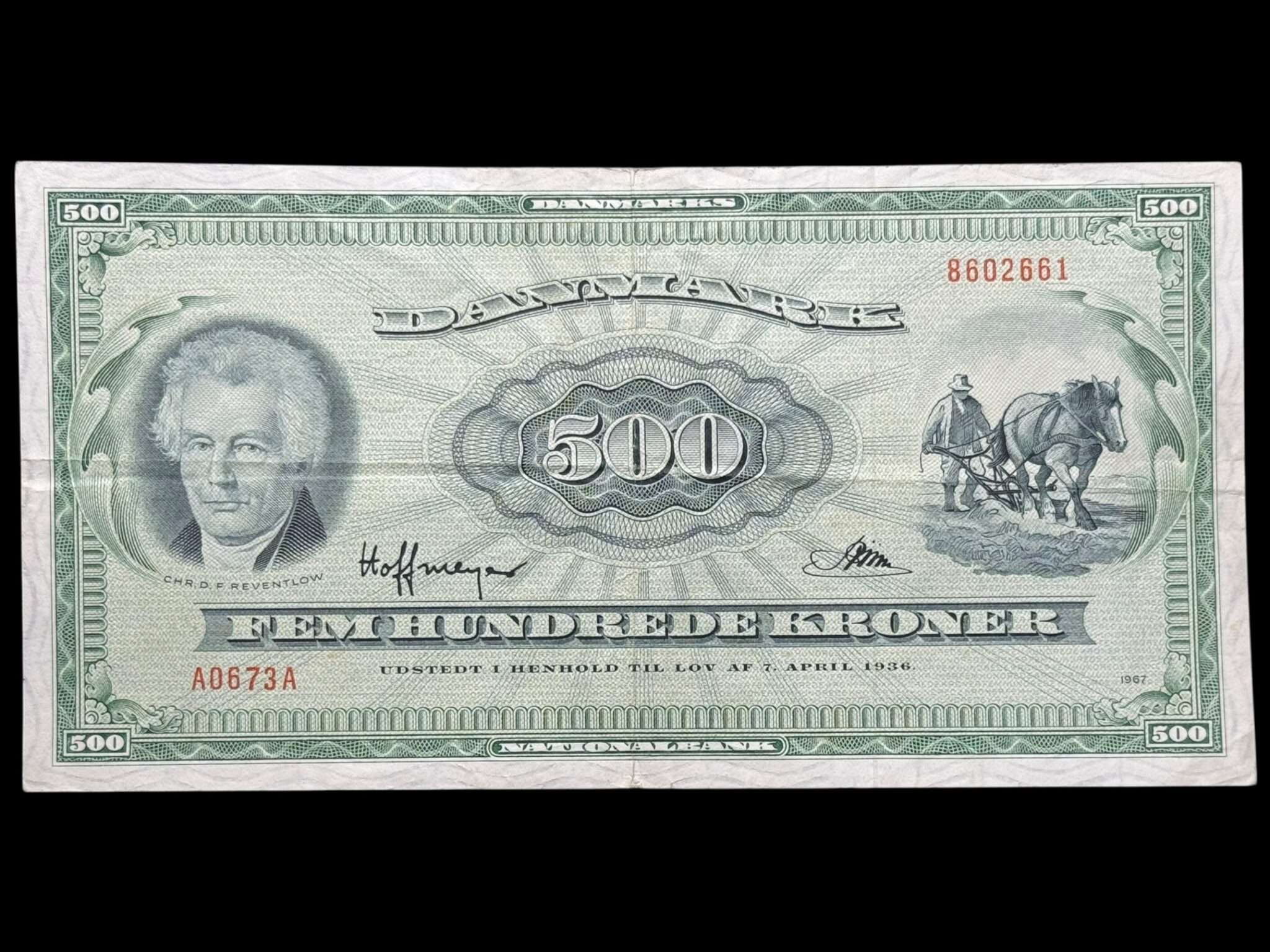 500 kroner 1967 A0, Riim/Hoffmeyer, Nr. 8602661, Sieg 138, DOP 147, Pick 47, Kva. 1+