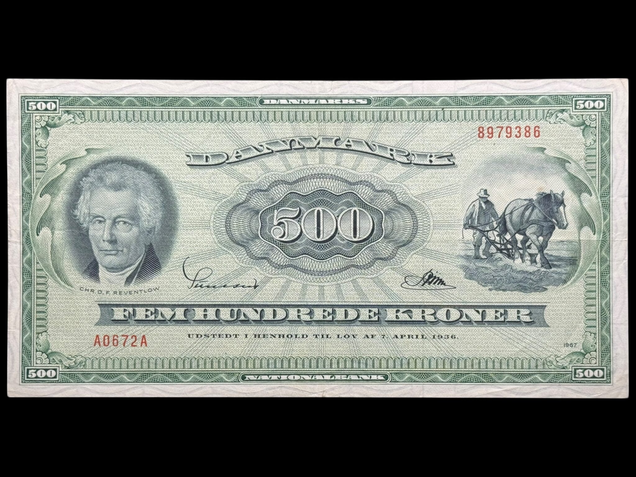 500 kroner 1967 A0, Riim/Sunesen, Nr. 8979386, Sieg 138, DOP 147, Pick 47, Kva. 1+