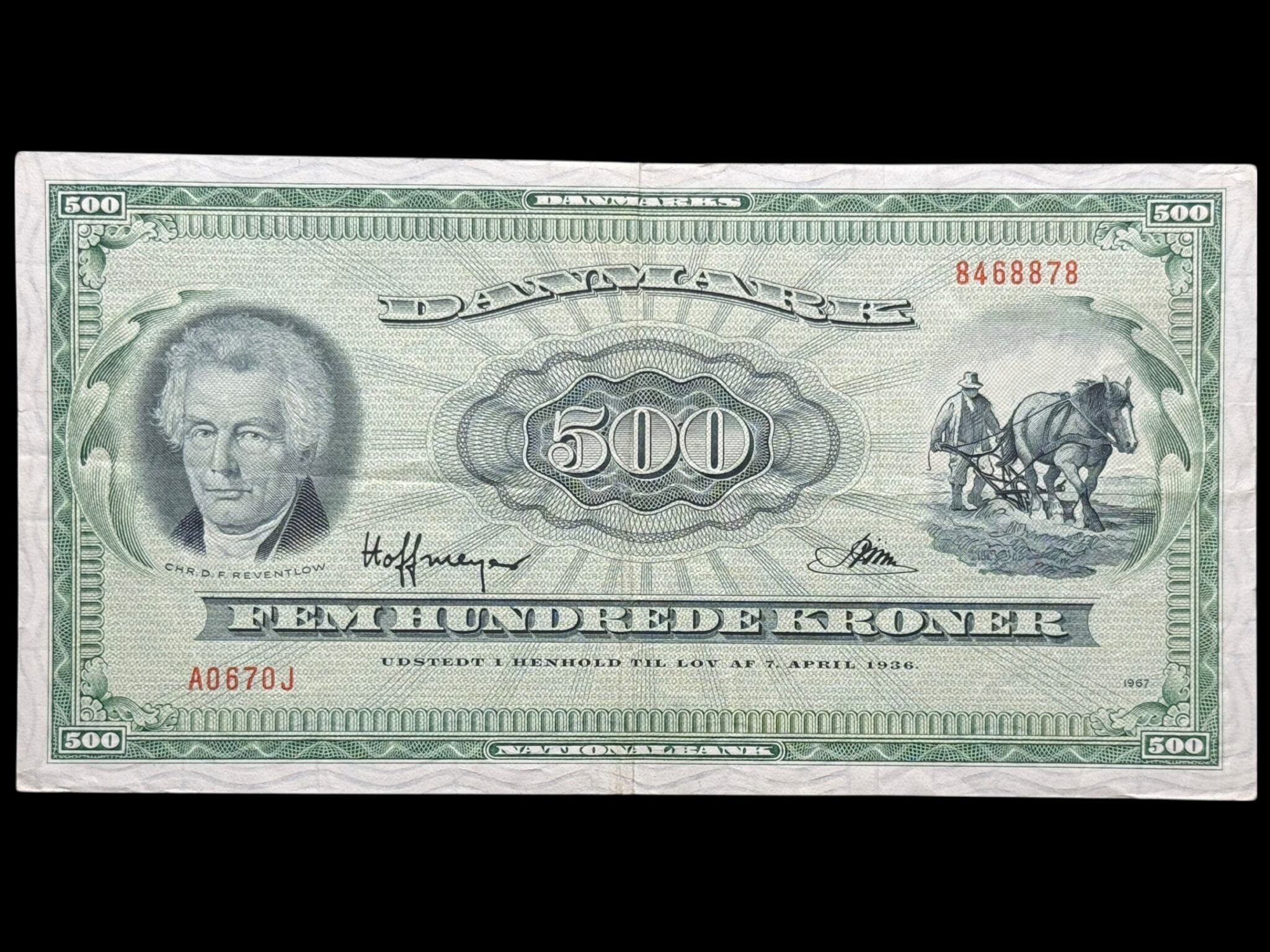 500 kroner 1967 A0 0J, Riim/Hoffmeyer, Nr. 8468878, Sieg 138, DOP 147, Pick 47, Kva. 1-1+