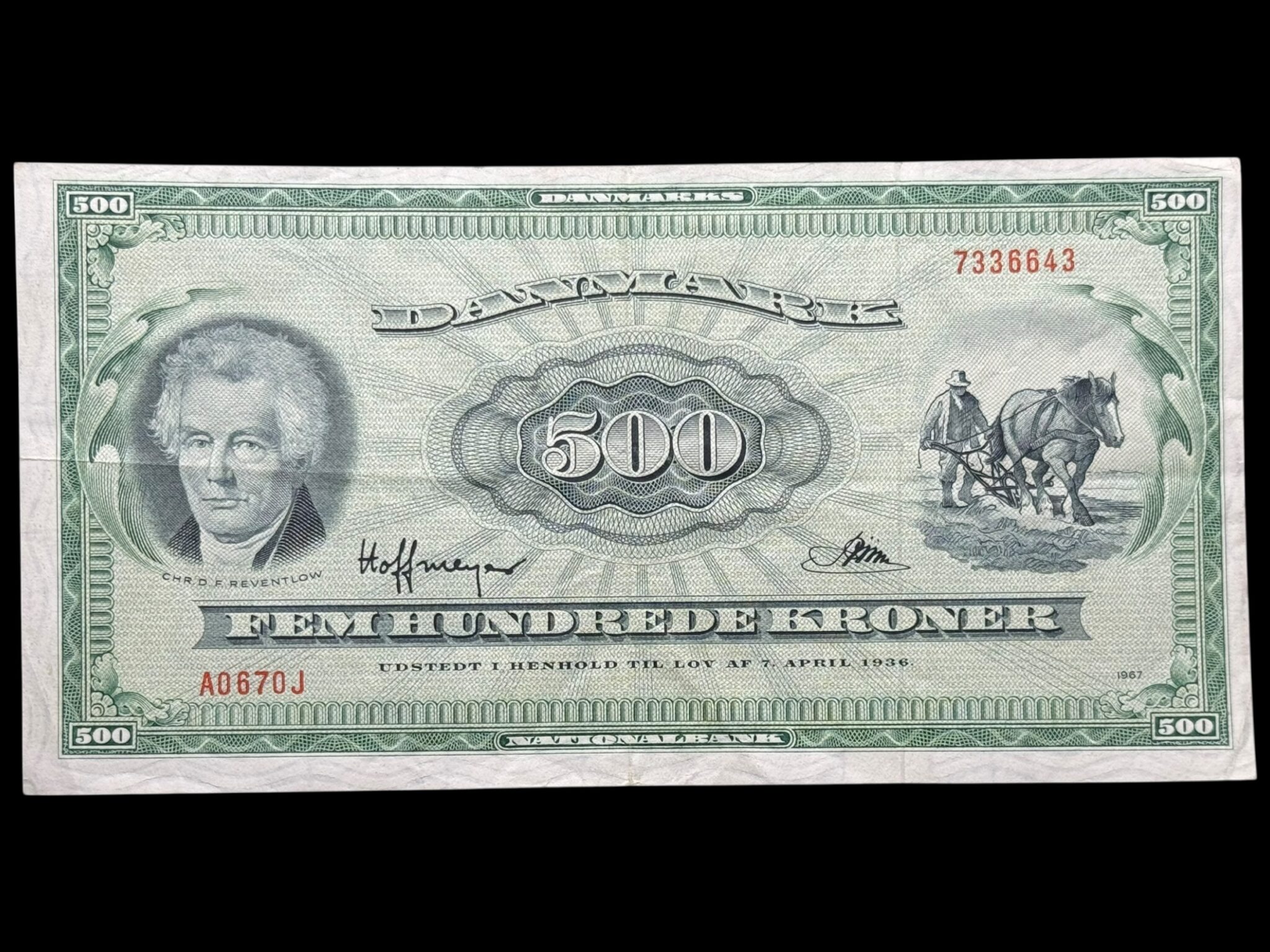 500 kroner 1967 A0 0J, Riim/Hoffmeyer, Nr. 7336643, Sieg 138, DOP 147, Pick 47, Kva. 1-1+