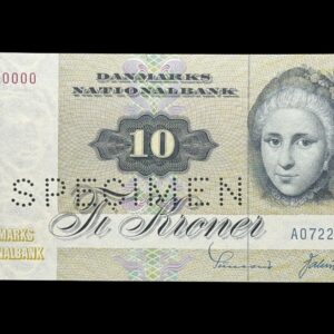 10 kroner 1972 A0, Valuer/Sunesen, Nr. 0000000, Sieg 139, DOP 148, Pick 48, SPECIMEN, Kva. 0-01 "Beskidt i venstre side" Sjælden
