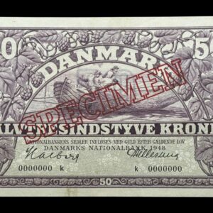 50 kroner 1948 k, Halberg/Hellerung, Nr. 0000000, Sieg 124, DOP 133, Pick 38, SPECIMEN, Kva. 0-01 pinhul ved margin forneden til venstre, sjælden