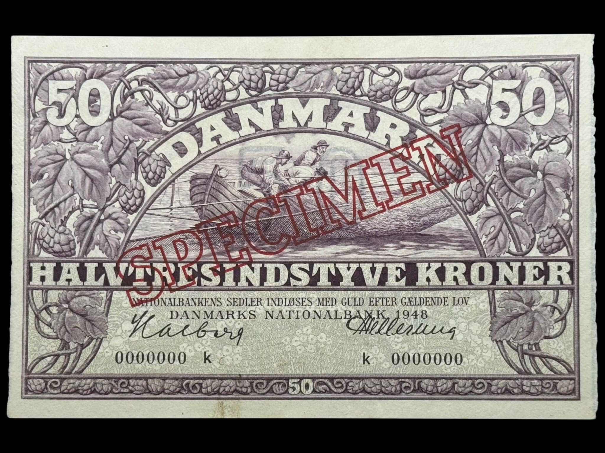 50 kroner 1948 k, Halberg/Hellerung, Nr. 0000000, Sieg 124, DOP 133, Pick 38, SPECIMEN, Kva. 0-01 pinhul ved margin forneden til venstre, sjælden