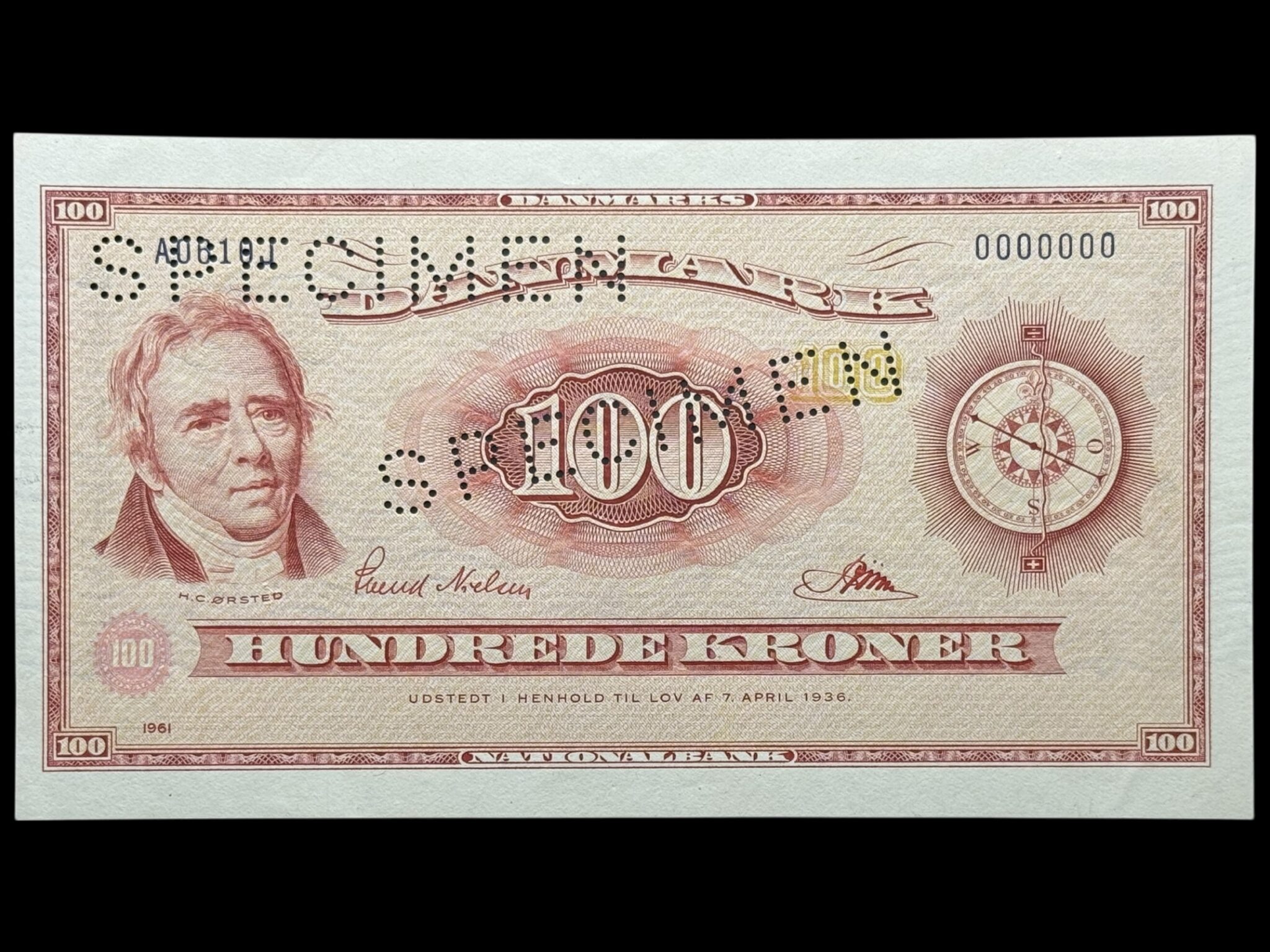 100 kroner 1961 A0, Riim/Svend Nielsen, Nr. 0000000, Sieg 136, DOP 145, Pick 46, SPECIMEN, Kva. 0 "Sjælden"