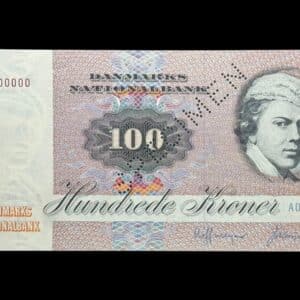 100 kroner 1972 A0, Valuer/Hoffmeyer, Nr. 0000000, Sieg 142, DOP 151, Pick 51, SPECIMEN, Kva. 0 "Sjælden"