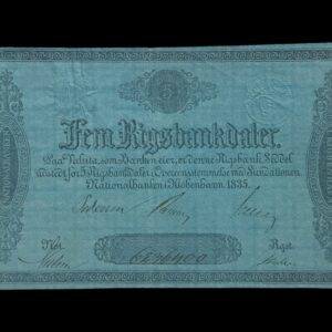5 Rigsbankdaler 1835, Nr. 6236400, Sieg 75, DOP 68, Pick A58, Kva. 1-1+ små huller i midter folden