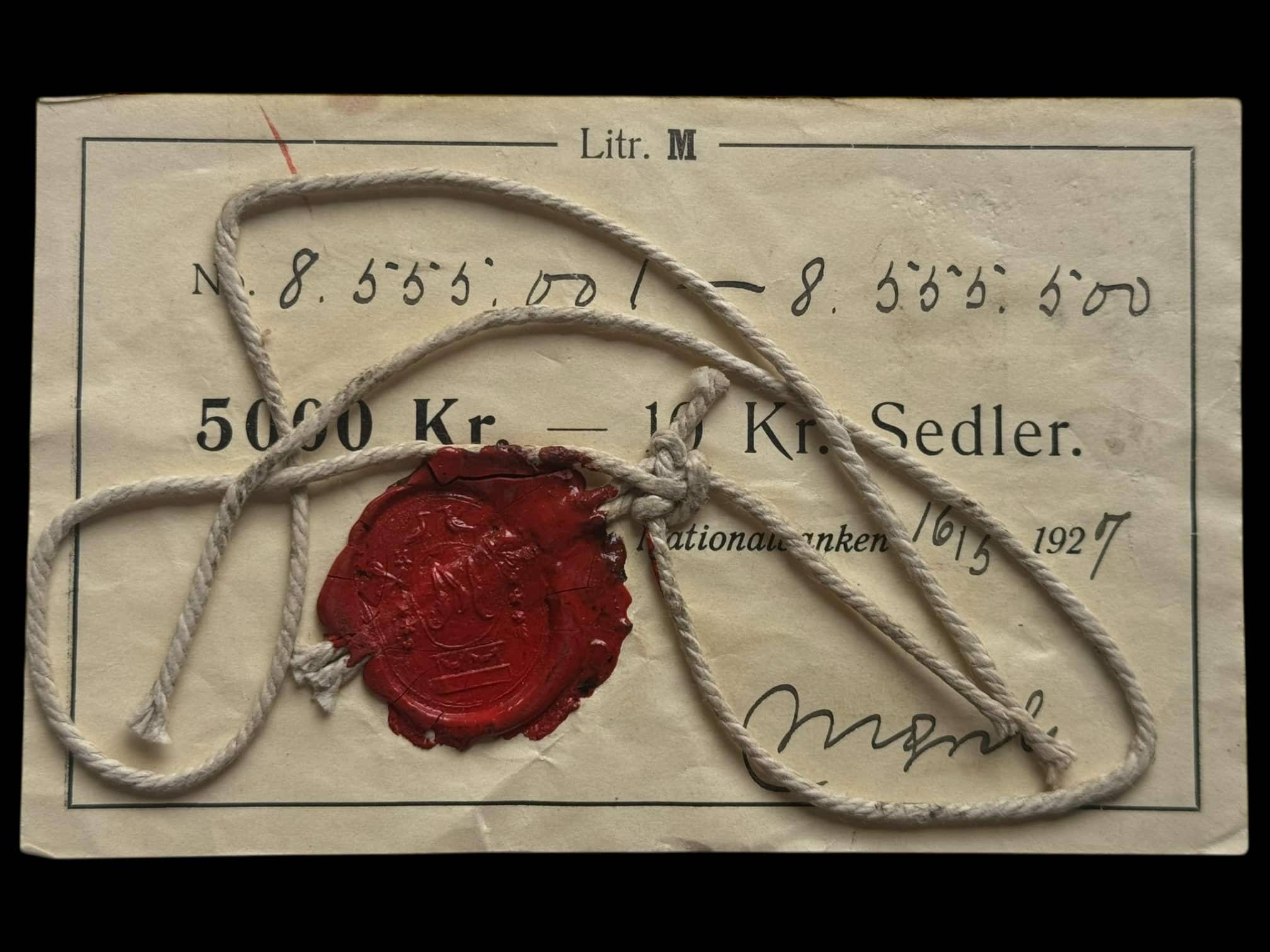 10 kroner 1927 M, Nr. 8555000-8555500, Sieg 103, DOP 114, Pick 21, Kva. 01 "Sjælden topseddel for et bundt på 500 stk"