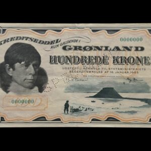 Grønland, 100 kroner 1953, Knud Rasmussen, A. W. Nielsen/Børge Ibsen, Nr. 0000000, Sieg 72, Pick 21A, SPECIMEN, Kva. 1+ "Falmet i farven"