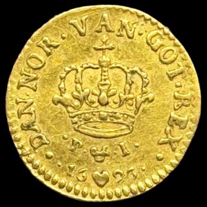 1696, 1/2 dukat, Fre.III, Sieg 67, Hede 44, Kva. 1+-01 "Sjælden"