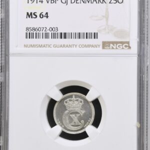 1914, 25 øre, Chr.X, Sieg 3.1, Hede 10A, Kva. 0, Graderet MS 64 af NGC.