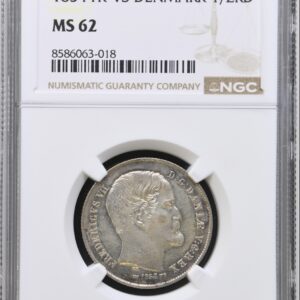 1854 VS, 1/2 rigsdaler, Fre.VII, Sieg 12, Hede 9, Kva. 0, Graderet MS 62 af NGC.