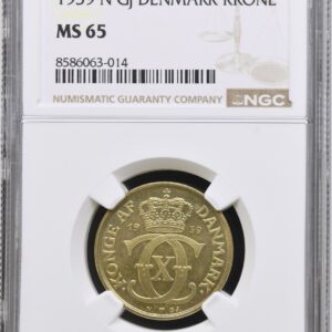 1939, 1 krone, Chr.X, Sieg 3.2, Hede 21B, Kva. M, Graderet MS 65 af NGC
