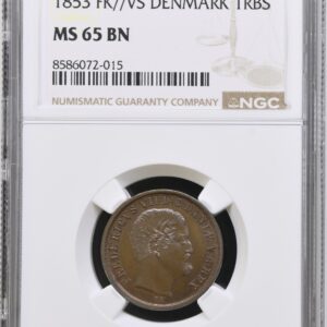 1853 VS, 1 Rigsbankskilling, Fre.VII, Sieg 4, Hede 12C, Kva. 0-M "Medaljepræg" Graderet MS 65 BN af NGC (TOP POP)