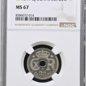 1946, 25 øre, Chr.X, Sieg 4.2, Hede 24B, Kva. M, Graderet MS 67 af NGC (TOP POP)