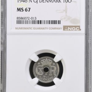 1946, 10 øre, Chr.X, Sieg 12.2, Hede 26B, Kva. M, Graderet MS 67 af NGC (TOP POP)