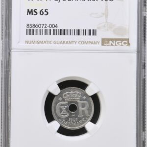1947, 10 øre, Chr.X, Sieg 12.2, Hede 26B, Kva. M, Graderet MS 65 af NGC, lav graderet af NGC.