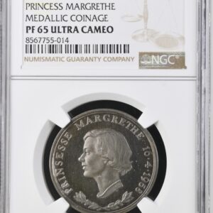 1958 Ministereksemplar, (2 kroner) Uden Værdiangivelse, Prinsesse Margrethes 18-års fødselsdag, Sieg 11, Kun lavet i 110 eksemplar, Kva. Proof, Graderet PF 65 ULTRA CAMEO af NGC